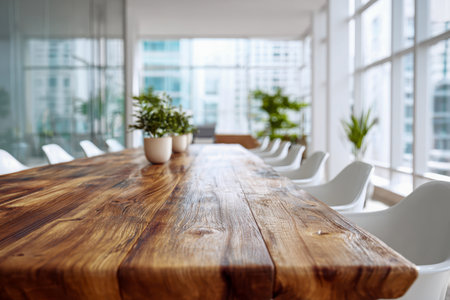 A sleek meeting space with a textured wooden table, crisp white seats, lush greenery, and expansive glass panels offering panoramic city views filled with natural liの写真素材