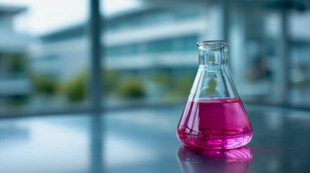 A glass container brimming with a striking pink liquid captures light, creating a vivid reflection on a polished surface amid a softly focused lab setting.の写真素材
