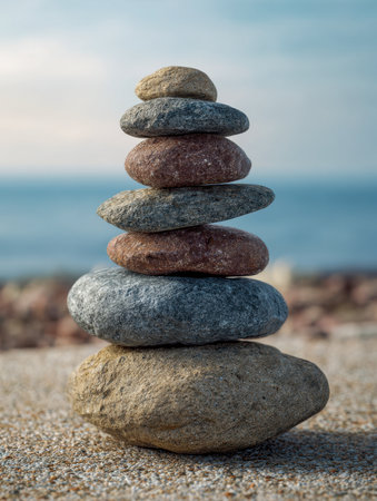 A serene arrangement of polished, vibrant stones forms a perfect cluster on sunlit sand, with soft ocean waves and a crisp sky gently fading in the background, evokiの写真素材