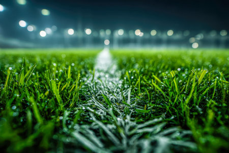 A detailed perspective of a damp sports ground shimmering under intense floodlights amid early fog, highlighting precise grass textures and crisp white lines.の写真素材