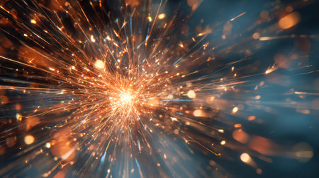 Bright orange and shimmering gold bursts streak across a muted navy backdrop, capturing a lively display of luminance and kinetic energy in a captivating swirl.の写真素材