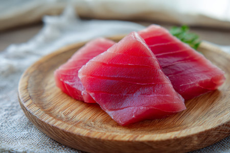 Juicy, crimson tuna fillets rest on a rustic wooden platter, illuminated by soft sunlight that emphasizes their silky texture and vivid freshness, perfect for gourmeの写真素材
