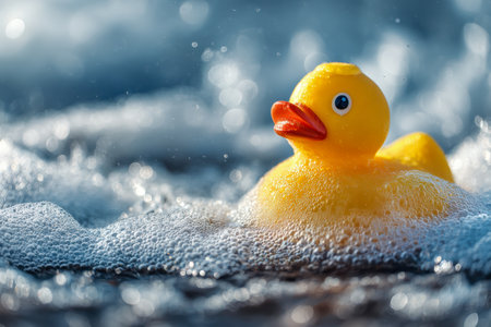 A cheerful yellow bath toy gently bobbing amidst frothy bubbles, bathed in gentle sunlight that enhances a lively, soothing, and inviting bath scene.の写真素材