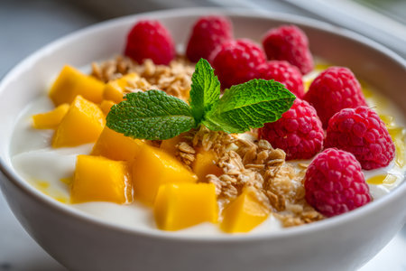 A colorful, wholesome morning dish featuring crunchy granola, juicy mango pieces, ripe raspberries, smooth yogurt, and a fresh mint garnish, perfect for a sunny starの写真素材