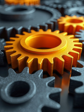 A radiant gold cog meshes seamlessly with sturdy dark-metal gears, embodying harmony, collaboration, and high-precision engineering in industrial processes.の写真素材