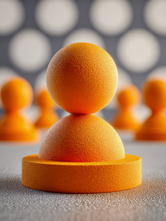 A vibrant, textured orange token stands out boldly amid a soft-focus blur of similar pieces, set against a backdrop of glowing circular lights that add depth and visの写真素材