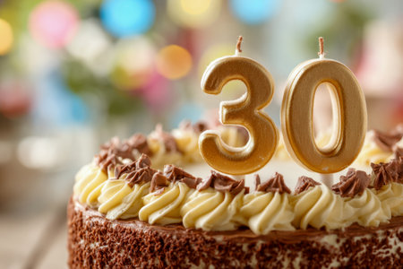 A decadent chocolate cake adorned with smooth frosting and shimmering golden candles celebrating a special 30th birthday, surrounded by vibrant, blurry party lights.の写真素材