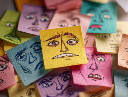 A vibrant assortment of sticky notes featuring sketched expressions of concern and nervousness, layered across a warm wooden table under gentle, calming light.の写真素材
