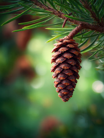 A weathered pine cone dangles delicately from vibrant conifer needles, illuminated by gentle forest light amidst a peaceful, verdant backdrop.の写真素材