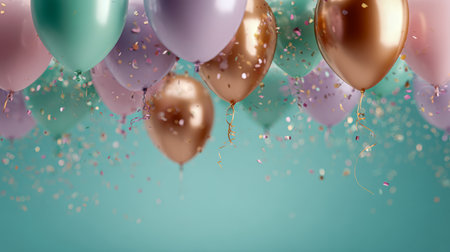 Bright metallic and pastel balloons drift upward amid scattered confetti, set against a calming blue backdrop, perfect for joyful events and lively party themes.の写真素材