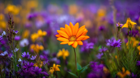 A radiant orange blossom stands out in a lush meadow of purple and yellow blooms, bathed in gentle daylight, evoking a serene and enchanting spring atmosphere.の写真素材