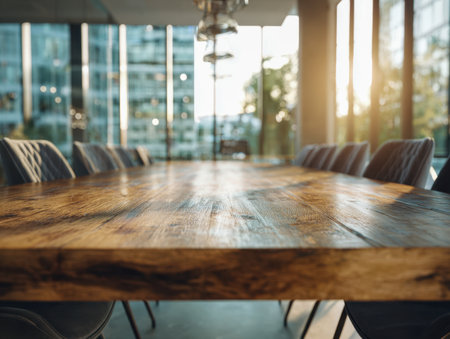 A sleek workspace bathed in glow, with a spacious wooden conference table flanked by comfortable ergonomic seats, illuminated by bright daylight through expansive glの写真素材