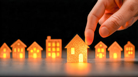 A solitary hand reaches out to pick up a radiant tiny house, standing out amid a lineup of bright home replicas, representing choices and dreams in real estate afterの写真素材