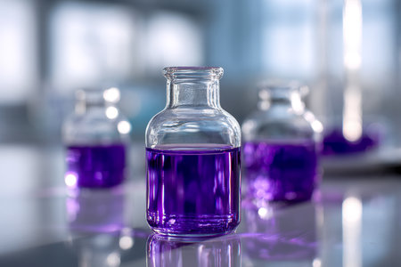 Tiny glass vials containing a striking violet solution are meticulously positioned on a glaming surface within a well-lit lab environment, ready for precise analysisの写真素材