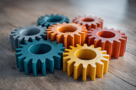 Vibrant wooden cogs interconnected on a textured, vintage surface represent harmony, cooperation, and precise mechanical synergy in an artistic close-up setting.の写真素材