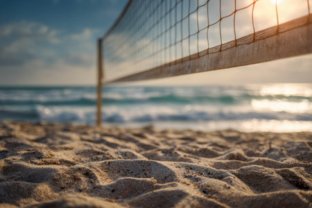 A tranquil coastal setting featuring a volleyball net nestled in soft sand, with rhythmic ocean waves and a warm sunset casting gentle hues across the scene.の写真素材