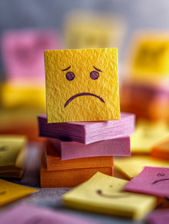 A bright yellow sticky note with a hand-drawn sad face rests atop a tower of vibrant, layered notes, symbolizing workplace frustration and emotional struggle.の写真素材