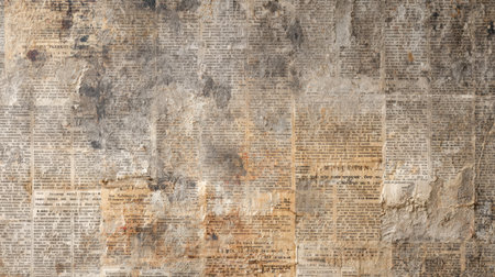 Aged, textured backdrop composed of layered, water-stained newspapers with faded ink and tattered edges in subdued, earthy hues, evoking nostalgia and historyの写真素材