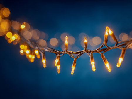 Twinkling yellow bulbs cast a gentle glow, draped in a delicate line amid a midnight-hued haze, evoking warmth and holiday cheer in a tranquil evening scene.の写真素材