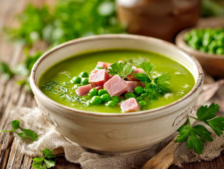 A comforting green pea dish garnished with savory ham and fragrant parsley, presented on weathered wood under soft natural light with herbs sprinkled around.の写真素材