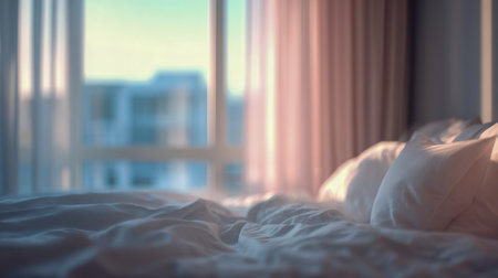 Gentle sunlight streams through delicate curtains, illuminating a relaxed, inviting bed draped in rumpled linens and plump pillows, evoking tranquil morning calm.の写真素材