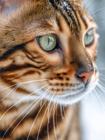A vivid Bengal cat's face with piercing green eyes, delicate snowflakes perched on its fur, captured in gentle sunlight that highlights its intricate markings and seの写真素材