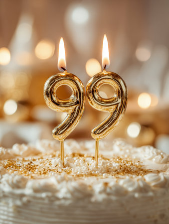 A sophisticated cake adorned with shimmering gold numerals and flickering flames, surrounded by cheerful decorations, honoring nine decades of cherished memories.の写真素材