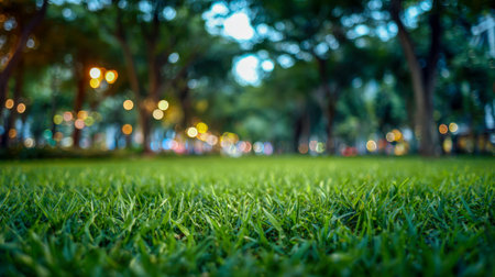 Lush emerald turf bathed in warm dusk glow, with softly blurred trees and inviting lights fostering a tranquil blend of city life and natural serenity.の写真素材