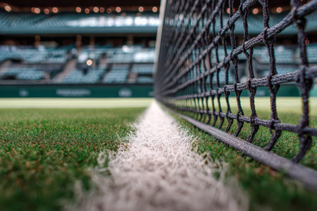 A dynamic shot captures the vibrant green of a pristine grass tennis surface, with a sharply focused net and crisp white lines, set against a softly blurred stadiumの写真素材
