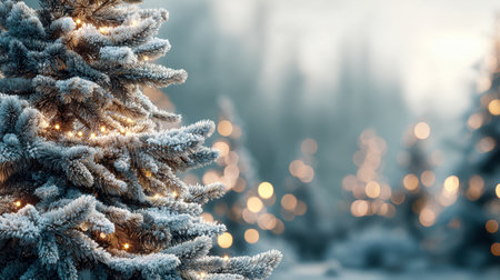 A serene winter scene featuring a snow-dusted evergreen decorated with gentle, warm lights, set amidst a tranquil forest with softly glowing holiday ornaments in theの写真素材