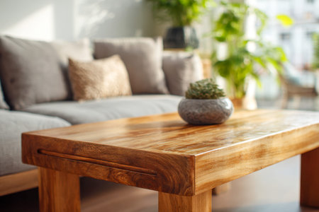 A warm, inviting corner showcasing a polished wooden surface complemented by a comfy sofa and cozy cushions, accented by lush greenery for a lively atmosphere.の写真素材