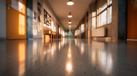 A tranquil, sunlit corridor stretching into the distance, the gleaming floor casting gentle reflections that enhance the welcoming and serene ambiance.の写真素材