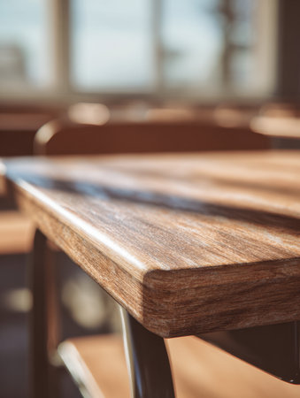A gleaming wooden desk bathed in warm sunlight, featuring a sleek finish and metal frame, set against a luminous classroom with soft shadows and a blurred backdrop.の写真素材