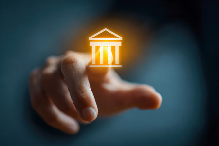 A human hand extends towards a luminous, digital rendering of a traditional bank facade, capturing the essence of innovative financial solutions and technological prの写真素材