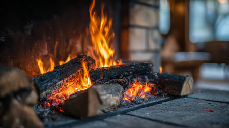 A inviting indoor scene with flickering flames casting a golden glow over stacked logs, creating a tranquil space perfect for unwinding and enjoying quiet moments.の写真素材