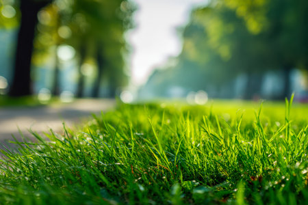 Vibrant grass tips glisten in dawn's gentle light, leading to a serene, tree-shaded trail that fades softly, embodying calm amid an urban landscape.の写真素材