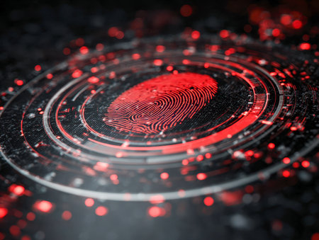 A vivid crimson fingerprint is centered, encircled by luminous rings and icons evoking advanced biometric authentication and digital identity verification technologyの写真素材