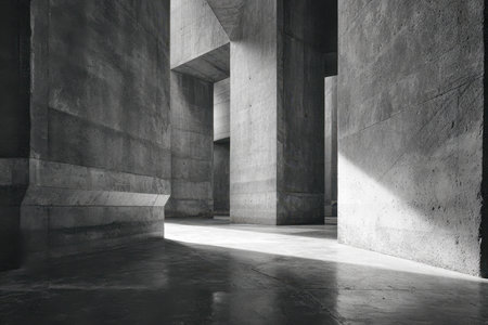 Sunlit industrial interior showcasing massive concrete columns and textured walls, with flowing shadows creating a moody, sculptural ambiance perfect for creative orの写真素材