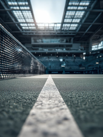 A serene, tennis vacant surface captured from ground perspective, emphasizing the crisp white line along the net under a sleek glass ceiling with sunbeams streamingの写真素材