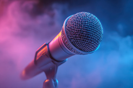 A lively performance setting featuring a bold metallic microphone on a stand, illuminated by vibrant pink and blue lighting, with smoky haze creating an energetic atの写真素材