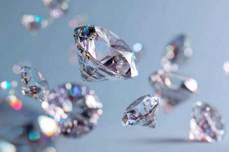 Vibrant gemstones with detailed cuts shimmer softly, casting vivid light patterns as they gently hover against a calm blue backdrop, creating an enchanting visual spの写真素材