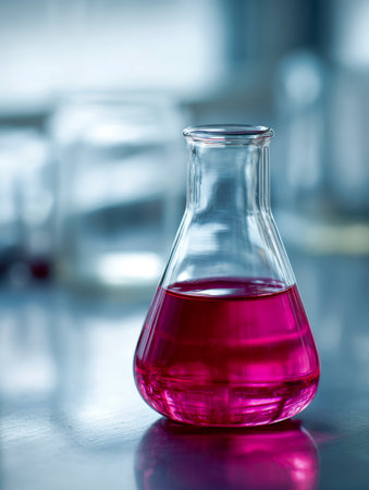 A transparent glass vessel containing a striking pink solution, its glossy surface mirroring the liquid while a gentle blue hue blurs the backdrop in a research enviの写真素材