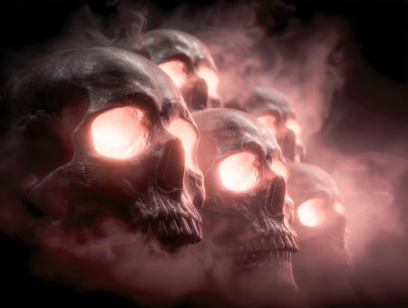 Spectral skulls emit an unearthly light as fog spirals around them, creating a chilling scene that evokes mysticism and supernatural dread in midnight shadows.の写真素材