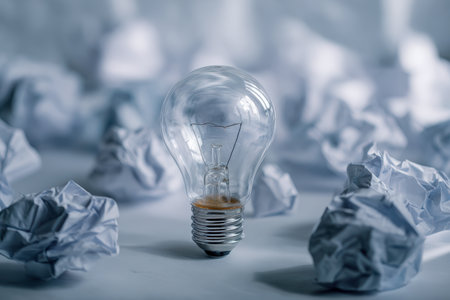 A broken filament bulb lies amidst wrinkled paper balls, illustrating creative disappointment and the tumultuous process of innovative thinking.の写真素材