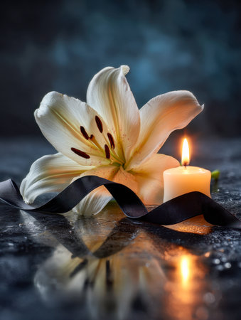 A pristine white lily rests next to a sleek dark ribbon, illuminated by a gentle candlelight that mirrors softly on a damp surface, evoking calm and tranquility.の写真素材