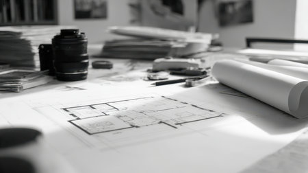 A busy architect's desk bathed in sunlight featuring intricate floor layouts, coiled blueprints, a precision lens, and various drafting instruments hinting at creatiの写真素材
