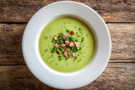A comforting green pea soup textured to perfection, presented in a clean white bowl, topped with savory ham cubes and fragrant herbs, set on a rustic wooden table.の写真素材