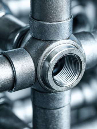 Close-up of polished metallic pipe fittings and connectors, showing intricate threading and craftsmanship that emphasize durability, precision engineering, and inの写真素材