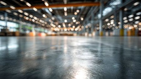 An airy, contemporary warehouse featuring gleaming concrete surfaces and abundant overhead lighting, providing a versatile space ideal for large-scale storage or ind.の写真素材