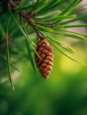 A detailed shot captures a textured brown pine cone suspended amid slender green needles, set against a blurred, lively green backdrop in a serene forest scene.の写真素材